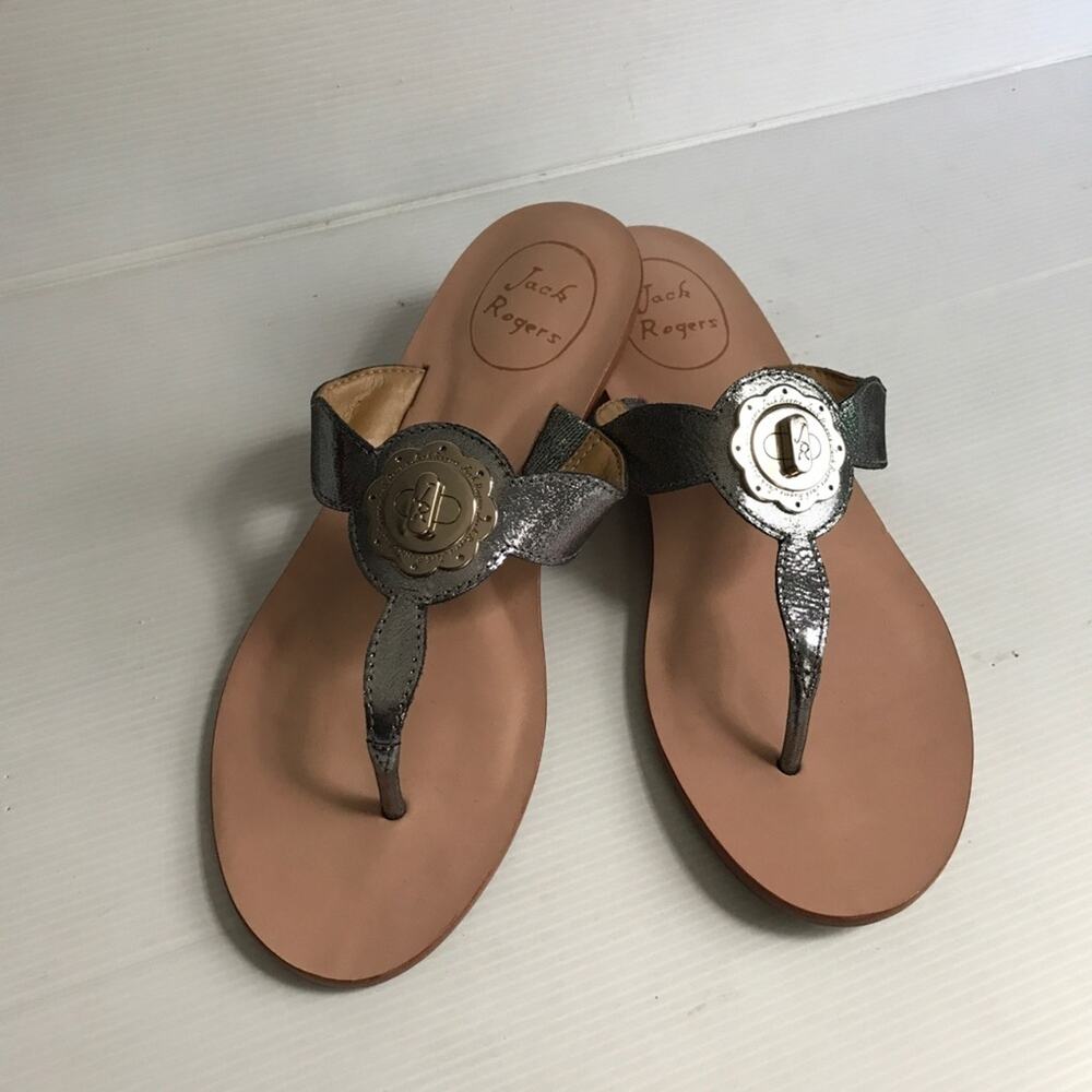 JACK ROGERS Sandals Womens Size 6 Larissa THONG flat metallic black & silver